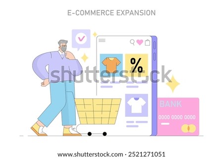 Small Business concept. Entrepreneur planning e-commerce growth with online shopping interface and payment card. Digital store, customer acquisition. Vector illustration.