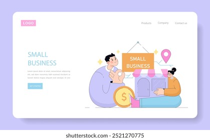 Small Business concept. Entrepreneurs with coin and storefront showcasing startup success. Investment, growth, and local commerce themes. Vector illustration.