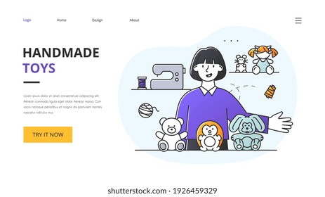 Small business concept with maker of plush stuffed kids toys standing in her workshop displaying a bunny, turtle and teddy bear in a website template with copyspace, colored vector illustration