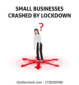 Small business crashed by coronavirus crisis. Small company hit by lockdown economy crisis. Person in depression, unemployment, hunger, poverty, tired, weak. Vector flat style illustration isolated
