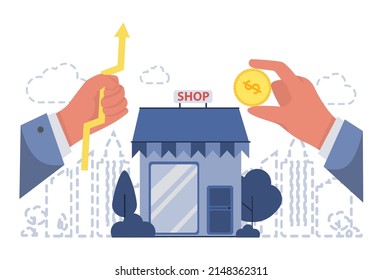 Small business development concept. Business people and investors supporting new businesses. Start up project success. Busines profit increase. Flat vector illustration