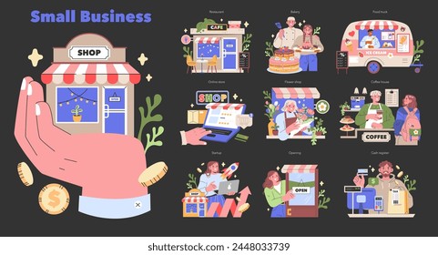 Pequeña diversidad empresarial Un vistazo vibrante a la economía local, representando tiendas, cafés, empresas en línea y comida callejera Espíritu emprendedor en una Ilustración vectorial de mercado moderna