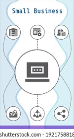 small business editable infographic template with icons of Laptop, Email, Server, Connected, Web, Factory, Share