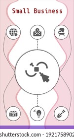 plantilla de infografía editable para pequeñas empresas con iconos de la red terrestre, Chest, Mail, Shovel, Idea, silla de escritorio, vector