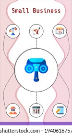 small business editable infographic template with icons of settings, online shop, graphic tablet, invisible man, 3d printing handheld scanner, scale, Compass