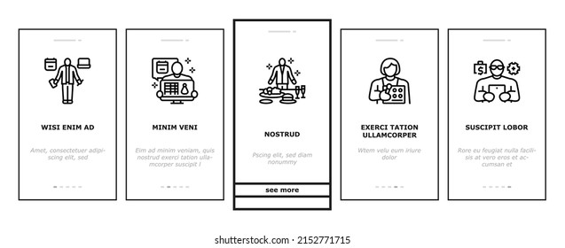 Small Business Entrepreneur Job Onboarding Mobile App Page Screen Vector. Vacation Host And Coder, Candy Seller And Pet Sitter, Interior Designer Personal Assistant Business Occupation . Illustrations