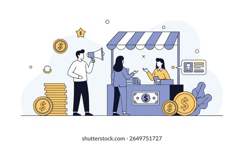 Small business entrepreneurship and financial transactions at outdoor market stall during daytime with customers making purchases