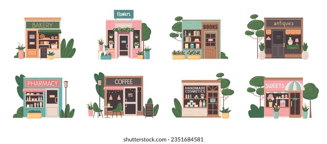 Small business facades flat set with bakery pharmacy flower books antiques cosmetics sweets coffee shops isolated vector illustration