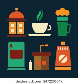 Small business facades flat set with bakery, coffee shops isolated vector illustration, coffee brewing methods and tools cliparts. Set of coffee machine, hario, utensils, French press, mocha, cup