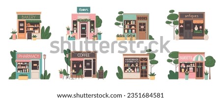 Small business facades flat set with bakery pharmacy flower books antiques cosmetics sweets coffee shops isolated vector illustration