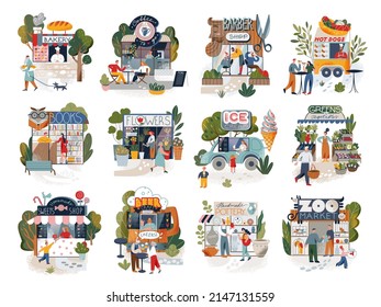 Small Business, Facades Of Open Local Stores Set Vector Illustration. Cartoon Front View Of Buildings And People, Storefront Of Cafe, Barber Shop And Flower Market, Ice Cream Kiosk And Bakery