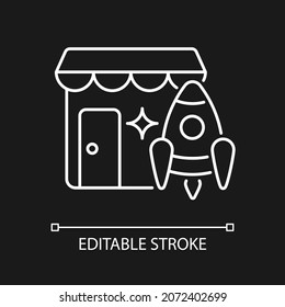 Small business fast launch white linear icon for dark theme. Startup strategy. Product opening. Thin line customizable illustration. Isolated vector contour symbol for night mode. Editable stroke
