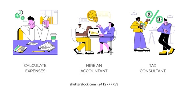 Small business finance management isolated cartoon vector illustrations set. Calculate expenses, hire an accountant and tax consultant, money management, financial security vector cartoon.