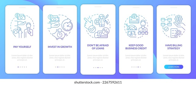 Small business finances tips blue gradient onboarding mobile app screen. Walkthrough 5 steps graphic instructions with linear concepts. UI, UX, GUI template. Myriad Pro-Bold, Regular fonts used