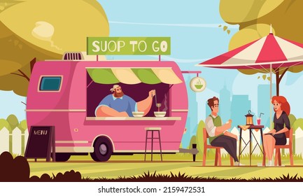 Small Business Flat Background With Owner Of Street Cafe Serving Visitors From Food Truck Vector Illustration