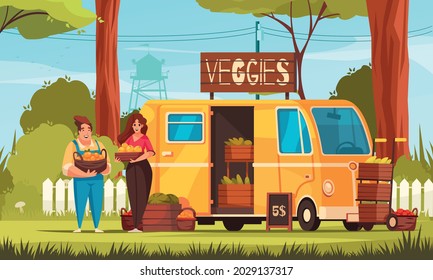 Small business flat background with two woman selling farmers products brought by minibus cartoon vector illustration