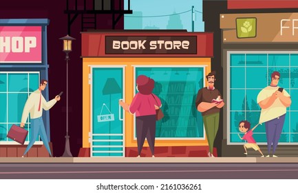 Small business flat composition with city residents walking down street past small shops vector illustration