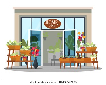 Small business flower shop background. View of store with flowers and plants standing in vases and boxes. Local downtown market vector illustration. Empty entrance from outdoor.