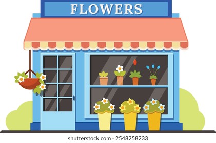 Small business flower shop selling colorful blooming plants in pots displayed on shelves and on the sidewalk, hanging basket with flowers, vector illustration