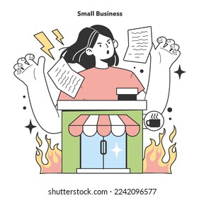 Small business. Frustrations and irritating factors about starting and developing a new start-up, local business. Potential failure and difficulties. Flat Vector Illustration