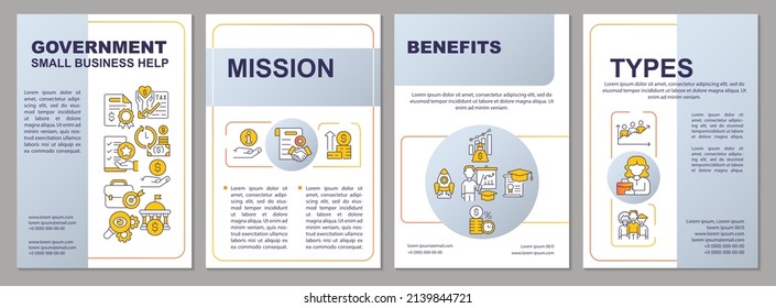 Small business help grey brochure template. Development programs. Leaflet design with linear icons. 4 vector layouts for presentation, annual reports. Arial, Myriad Pro-Regular fonts used