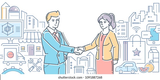 Small business helps people - line design style illustration on white background. Colorful composition with a businessman shaking hands with a woman. Useful enterprise concept