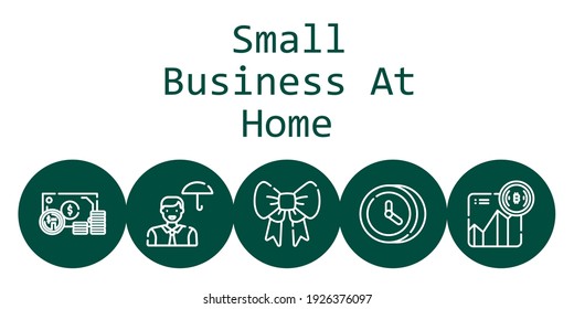 concepto de negocio pequeño en casa con iconos de la pequeña empresa en casa. Dinero relacionado con los iconos, cinta, reloj, empleado, bitcoin