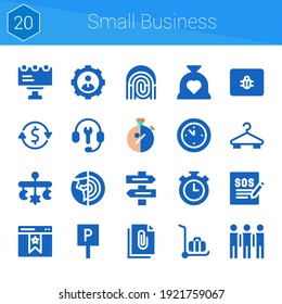 small business icon set. 20 filled icons on theme small business. collection of Group, Fingerprint, User, Support, Stopwatch, Parking, Customer support, Mobile, Spam