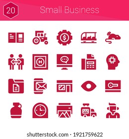 Small Business Icon Set. 20 Filled Icons On Theme Small Business. Collection Of Canteen, Brain, Music Store, Helipad, Transportation, Document, Clock, Printer, View, Tractor