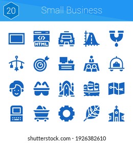 Small Business Icon Set. 20 Filled Icons On Theme Small Business. Collection Of Old Computer, Church, Meeting, Rocket Ship, Screen, Cash Register, Html, Parabola, Luggage