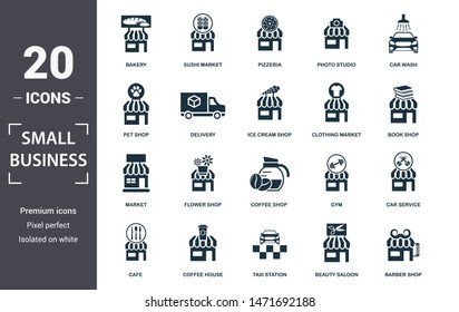 Small Business icon set. Contain filled flat market, taxi station, car wash, ice cream shop, bakery, book shop, barber shop icons. Editable format.