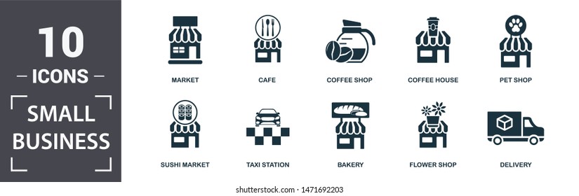 Small Business icon set. Contain filled flat market, pet shop, delivery, ice cream shop, book shop, coffee shop, cafe , pizzeria icons. Editable format.