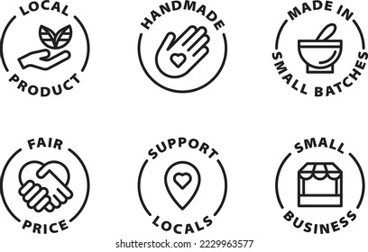 small business icon set, icons. Isolated vector black outline stamp label rounded badge product tag on transparent background. Symbols. handmade, local, fair price, small batches.