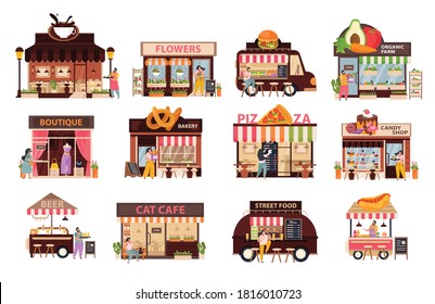 Small business icons set with cafe flowers and pizza symbols flat isolated vector illustration