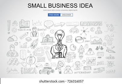 Small Business Idea concept with Business Doodle design style: online study, plans and offers, best practice. Modern style illustration for web banners, brochure and flyers.
