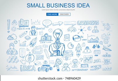 Small Business Idea concept with Business Doodle design style: online study, plans and offers, best practice. Modern style illustration for web banners, brochure and flyers.