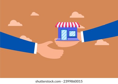 Small business idea, Concept of a successful businessman's hand giving a shop and the other hand receiving, small business idea vector illustration