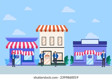 Small business idea, successful entrepreneur with small retail shop or storefront, shop owner or merchandise opportunity concept