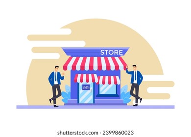 Small business idea, two business people who greet each other are heading to the shop they are building, illustration of a small business idea