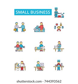 Small business illustration, thin line icons, linear flat signs, vector symbols, outline pictograms set, editable strokes