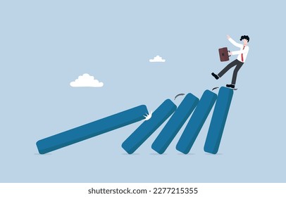 Small business impact from large business collapse, financial crisis, bankruptcy due to domino effect concept, Fall of big domino cause small dominoes fall down in order.