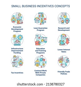 Small business incentives concept icons set. Entrepreneurship support program idea thin line color illustrations. Isolated symbols. Editable stroke. Roboto-Medium, Myriad Pro-Bold fonts used