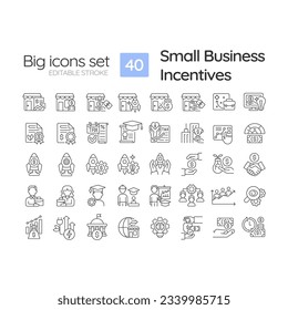 Small business incentives linear icons set. Tax credit. Economic development. Business strategy. Grant money. Customizable thin line symbols. Isolated vector outline illustrations. Editable stroke