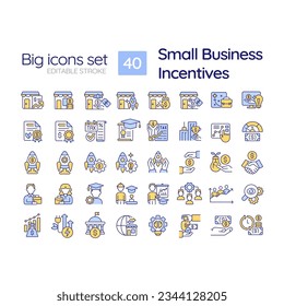 Small business incentives RGB color icons set. Tax credit. Economic development. Business support. Grant money. Isolated vector illustrations. Simple filled line drawings collection. Editable stroke