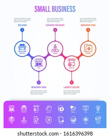 Small business infographics with thin line icons. Symbols of marketplace, market stall, home delivery, job interview, coworking, startup, digital marketing, self employed. Vector illustration