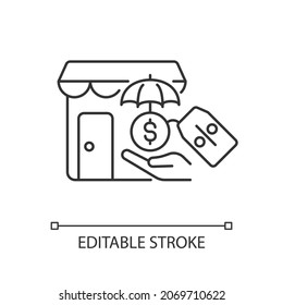 Small Business Insurance Discounts Linear Icon. Small Business Compensation. Financial Safety. Thin Line Customizable Illustration. Contour Symbol. Vector Isolated Outline Drawing. Editable Stroke