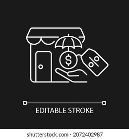 Small business insurance discounts white linear icon for dark theme. Small business compensation. Thin line customizable illustration. Isolated vector contour symbol for night mode. Editable stroke