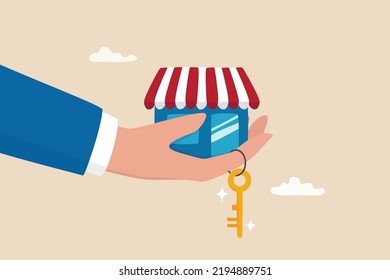 Small business key to success, open new shop, start new business or company, entrepreneur or SME, growing or increase product sale concept, businessman hand hold small business shop with golden key.