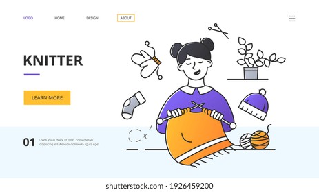 Small business, knitter or leisure and recreation concept with woman sitting knitting surrounded by clothing icons in a website template with text and copyspace, colored vector illustration