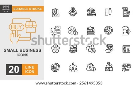 Small business line editable icon set. Entrepreneurship, startup, growth, bank and more line icons.